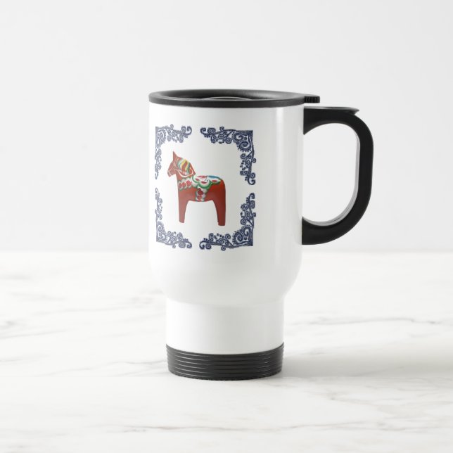 Swedish Dala Horse with Blue Delft Scroll Frame Travel Mug (Right)