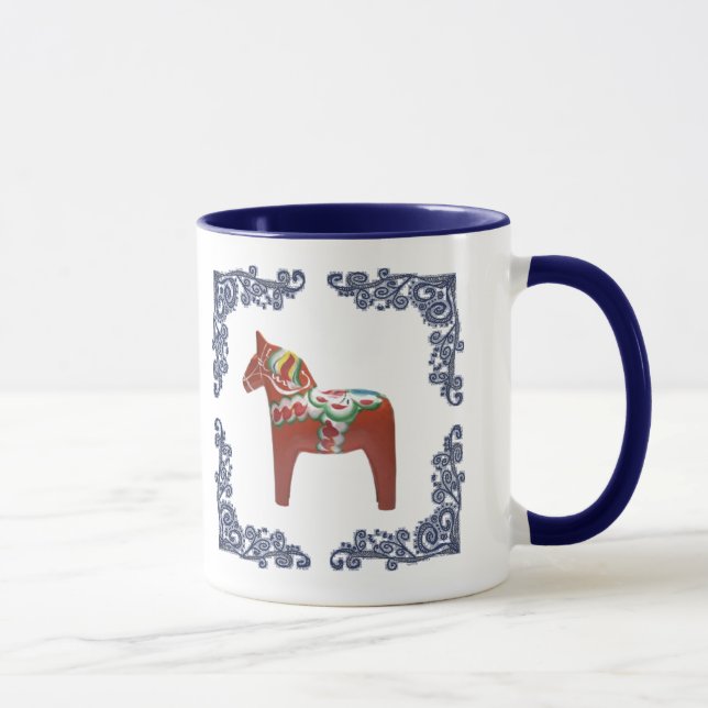 Swedish Dala Horse with Blue Delft Scrolled Frame Mug (Right)