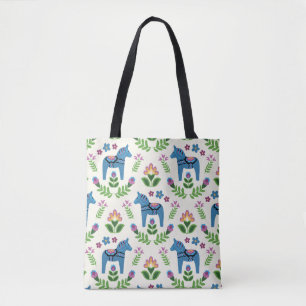 Swedish Dala Horses Blue Tote Bag