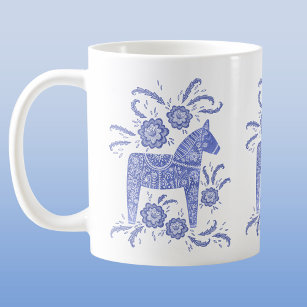 Swedish Dala Horses Periwinkle Blue and White Coffee Mug