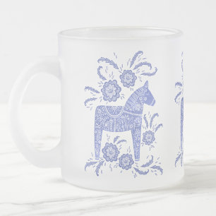 Swedish Dala Horses Periwinkle Blue and White Frosted Glass Coffee Mug
