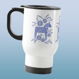 Swedish Dala Horses Periwinkle Blue and White Travel Mug