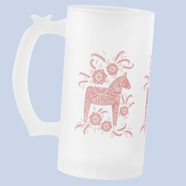 Swedish Dala Horses Red and White Frosted Glass Beer Mug (Red and white Dala Horse Swedish folk art frosted glass beer mug)