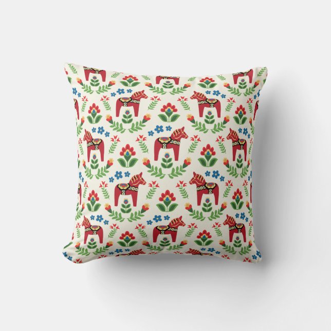 Swedish Dala Horses Red Cushion (Front)