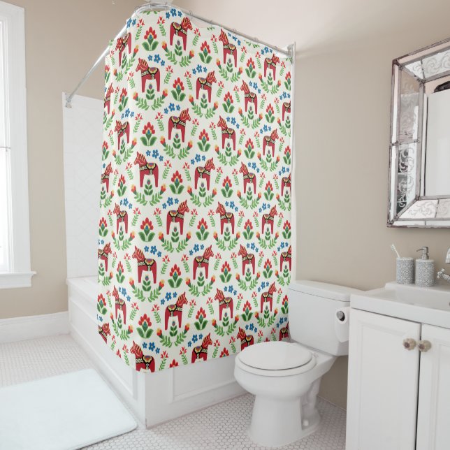 Swedish Dala Horses Red Shower Curtain (In Situ)
