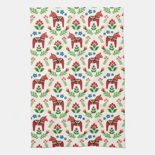 Swedish Dala Horses Red Tea Towel (Vertical)