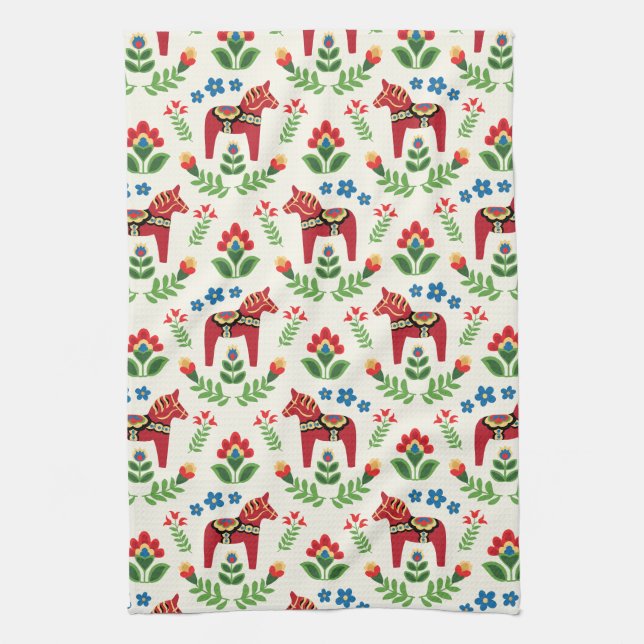 Swedish Dala Horses Red Tea Towel (Vertical)