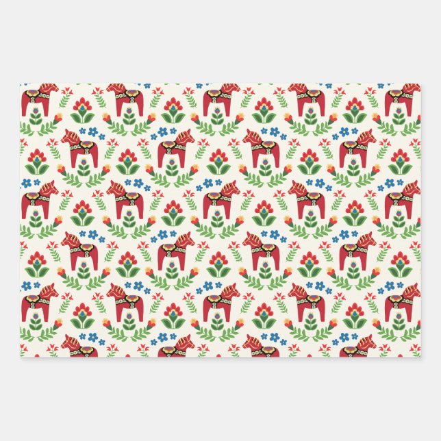 Swedish Dala Horses Red Wrapping Paper Sheet (Front)