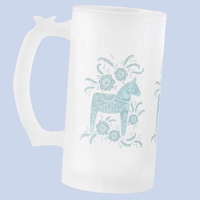 Swedish Dala Horses Teal Green and White Frosted Glass Beer Mug (Swedish Dala Horse teal green frosted glass beer mug)