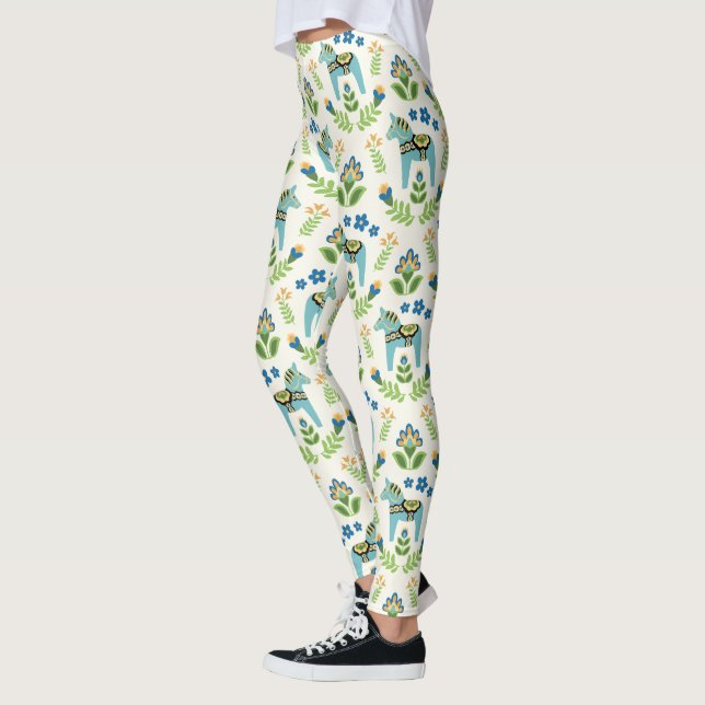 Swedish Dala Horses Teal Leggings (Left)