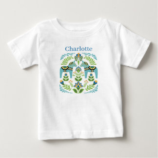Swedish Dala Horses Teal Personalized Baby T-Shirt