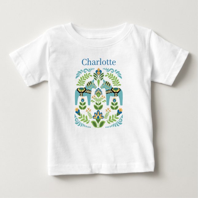 Swedish Dala Horses Teal Personalized Baby T-Shirt (Front)