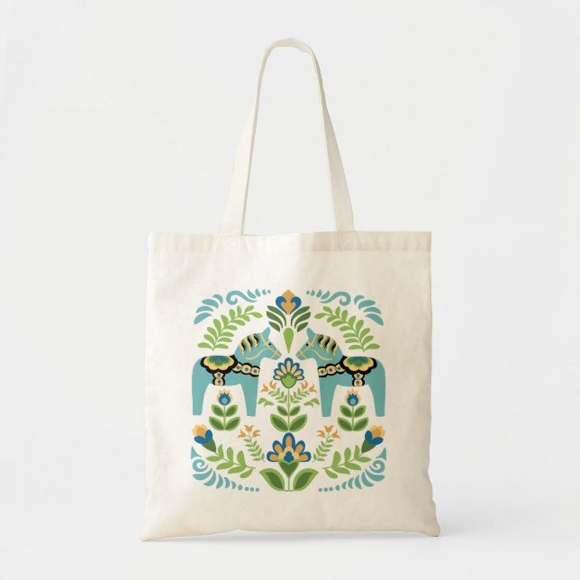 Swedish Dala Horses Teal Tote Bag (Front)