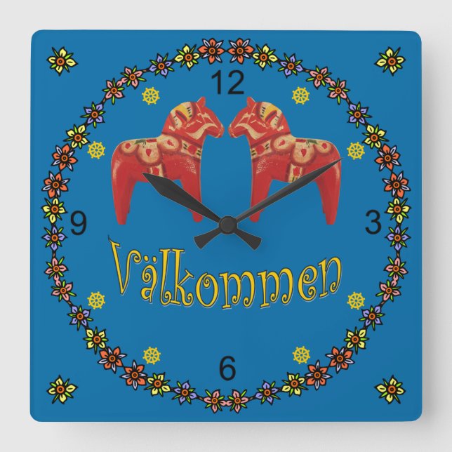 Swedish Dala Horses ~ Välkommen ~ Welcome Sign ~ Square Wall Clock (Front)