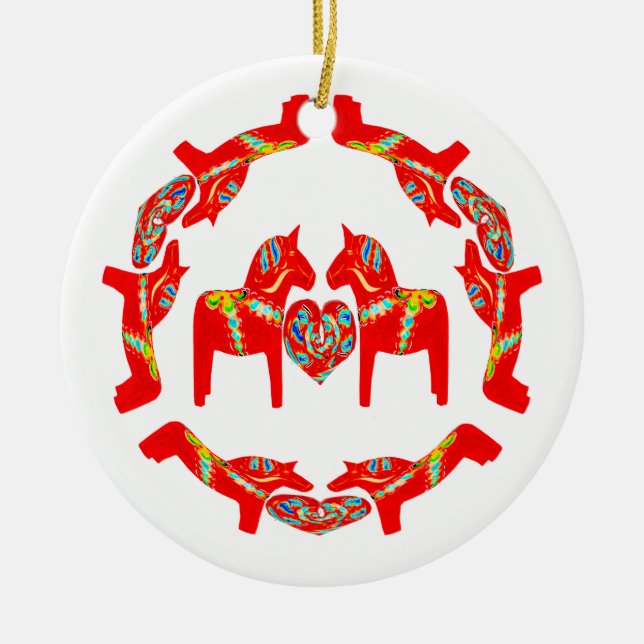 Swedish Dala Horses w Hearts Ornament (Front)