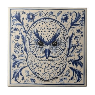 Swedish Dala owl Blue and White nouveau Tile