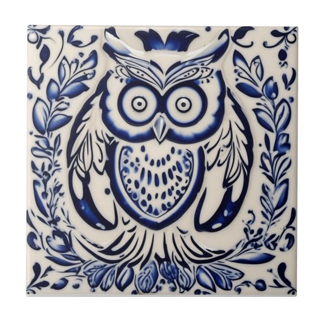 Swedish Dala owl Blue and White nouveau Tile (Front)