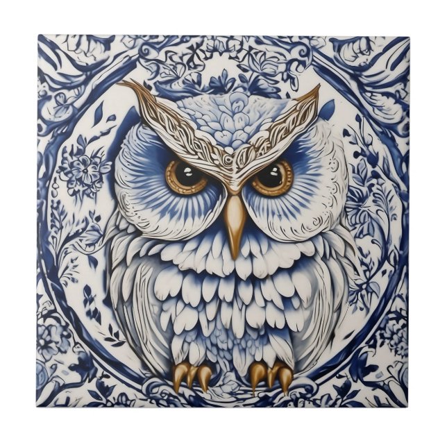  Swedish Dala owl Blue and White nouveau Tile (Front)