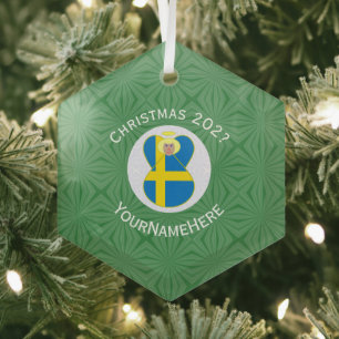 Swedish Flag Christmas Angel Name Year Hexagon Glass Tree Decoration