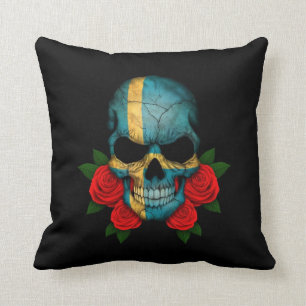 Swedish Flag Skull with Red Roses Cushion