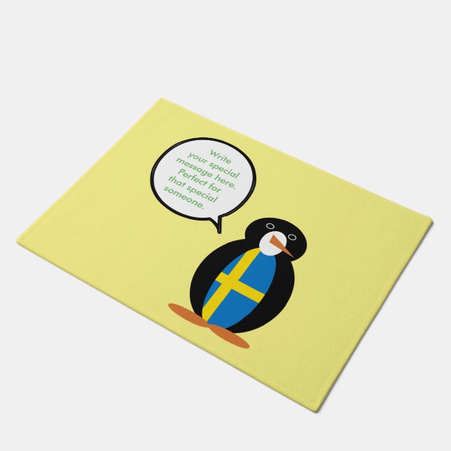 Swedish Flag Talking Ms. Penguin Personalised  Doormat (Angled)