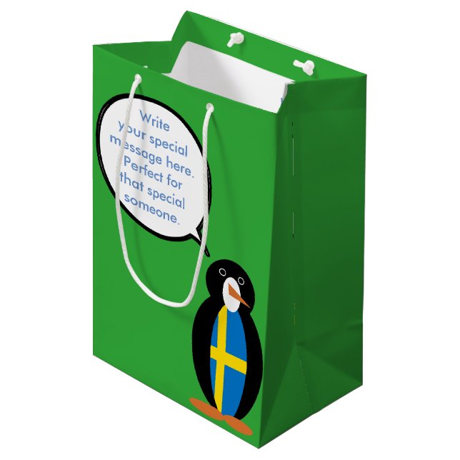 Swedish Flag Talking Ms. Penguin Personalised  Medium Gift Bag (Front Angled)