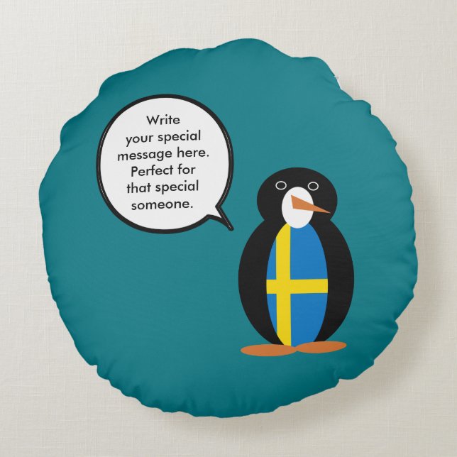 Swedish Flag Talking Ms. Penguin Personalised  Round Cushion (Back)