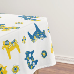 Swedish Folk Dala Farm Animals l Blue and Yellow Tablecloth