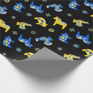 Swedish Folk Dala Farm Animals l Blue and Yellow Wrapping Paper