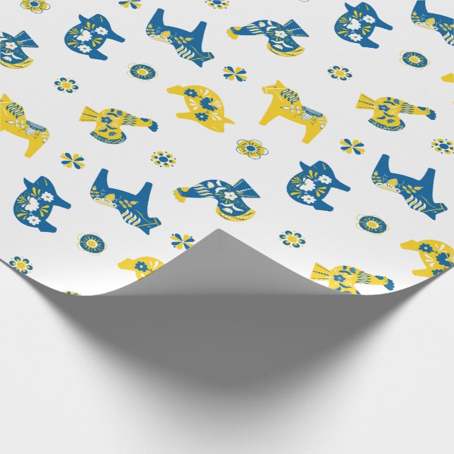 Swedish Folk Dala Farm Animals l Blue and Yellow Wrapping Paper (Corner)