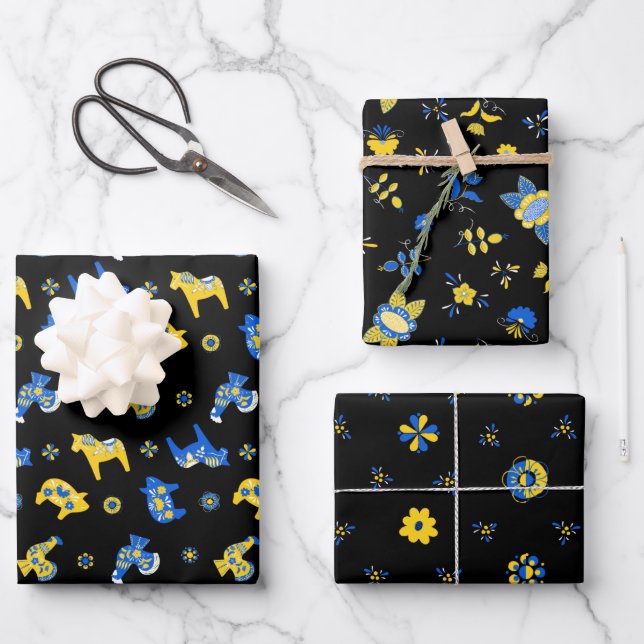 Swedish Folk Dala Farm Animals l Blue and Yellow Wrapping Paper Sheet (Front)