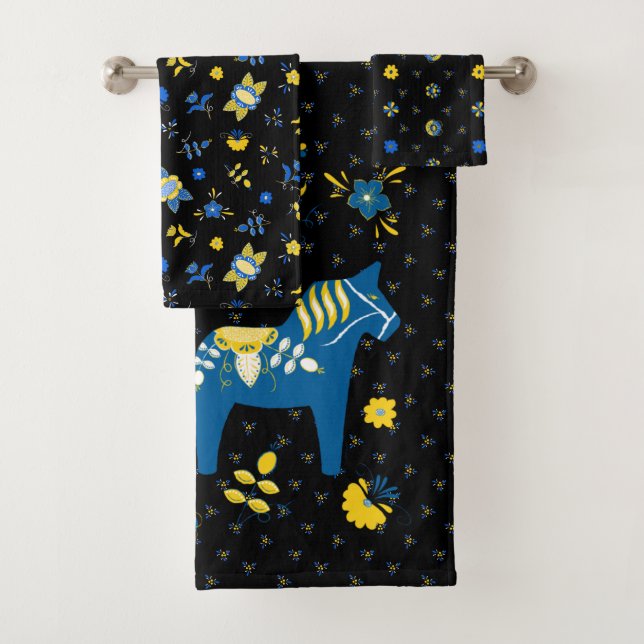 Swedish Folk Dala Horse l Blue and Yellow Bath Towel Set (Insitu)