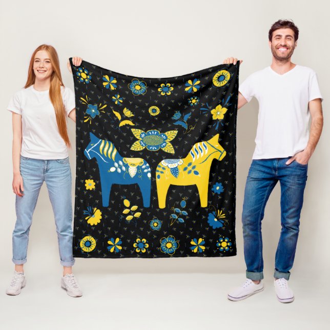 Swedish Folk Dala Horse l Blue and Yellow Fleece Blanket (In Situ)