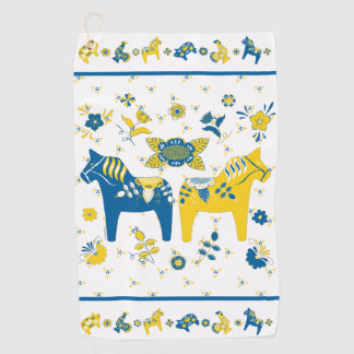 Swedish Folk Dala Horse l Blue and Yellow Golf Towel