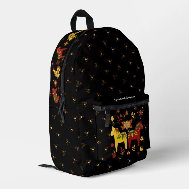 Swedish Folk Dala Horse l Red and Yellow Printed Backpack (Back Corner Left)