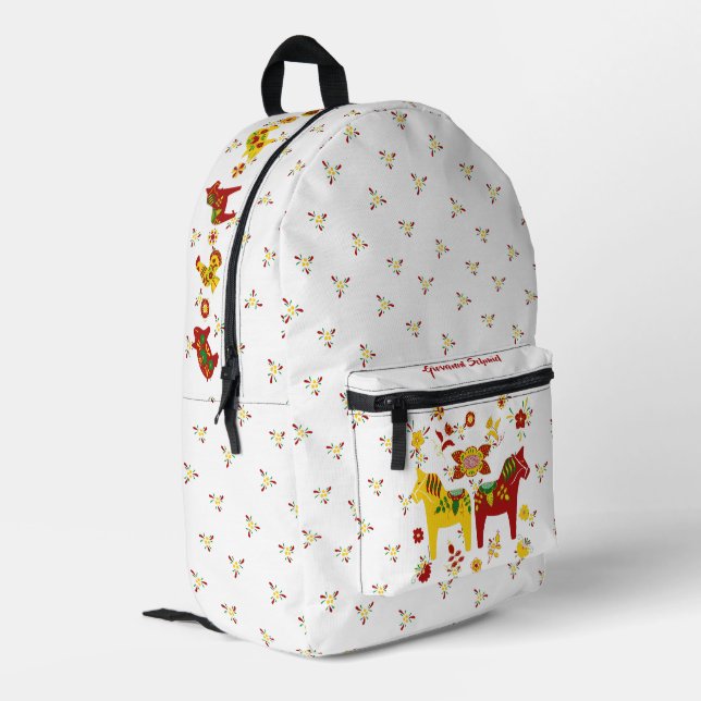 Swedish Folk Dala Horse l Red and Yellow Printed Backpack (Back Corner Left)