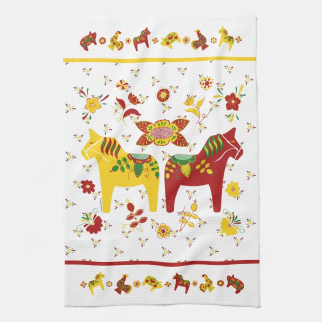Swedish Folk Dala Horse l Red and Yellow Tea Towel (Vertical)