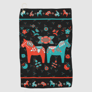 Swedish Folk Dala Horse l Teal and Red Golf Towel