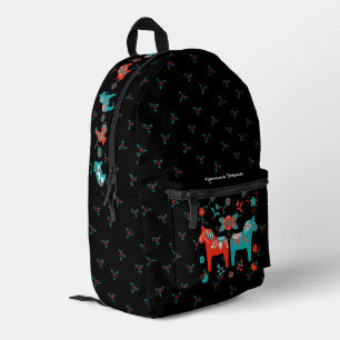 Swedish Folk Dala Horse l Teal and Red Printed Backpack