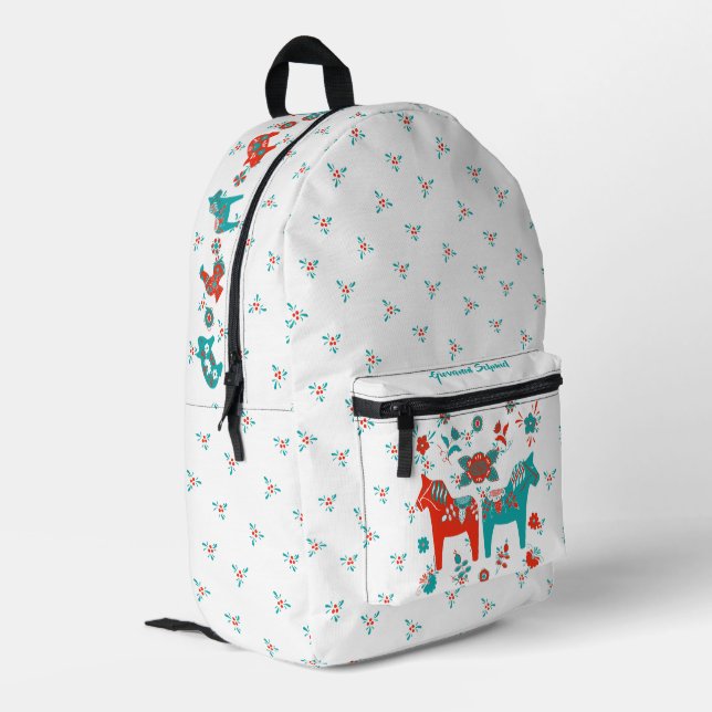 Swedish Folk Dala Horse l Teal and Red Printed Backpack (Back Corner Left)