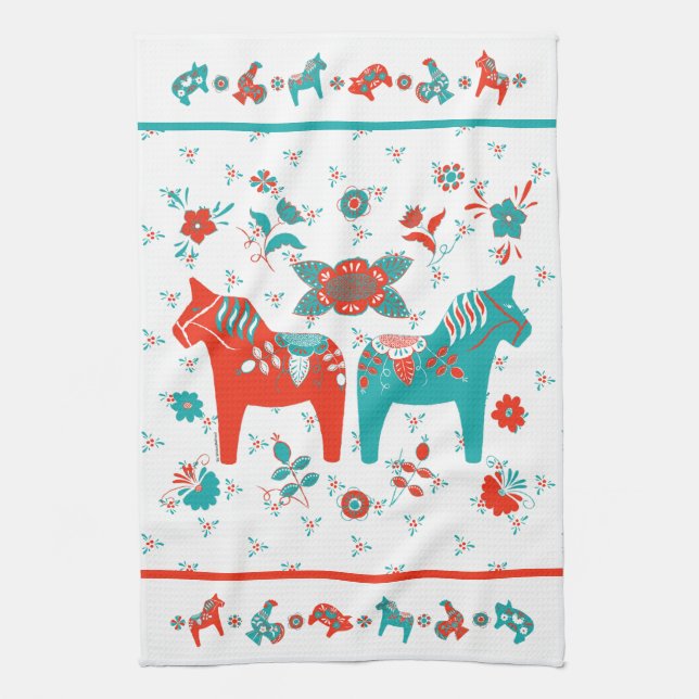 Swedish Folk Dala Horse l Teal and Red Tea Towel (Vertical)