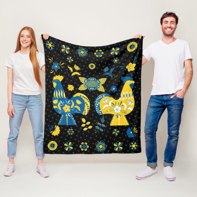 Swedish Folk Dala Rooster Fleece Blanket (In Situ)