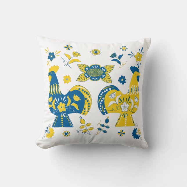 Swedish Folk Dala Rooster l Blue and Yellow Cushion (Front)