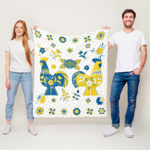 Swedish Folk Dala Rooster l Blue and Yellow Fleece Blanket