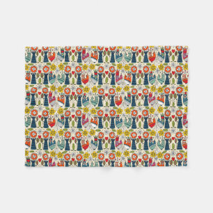 Swedish folksy cats and birds fleece blanket