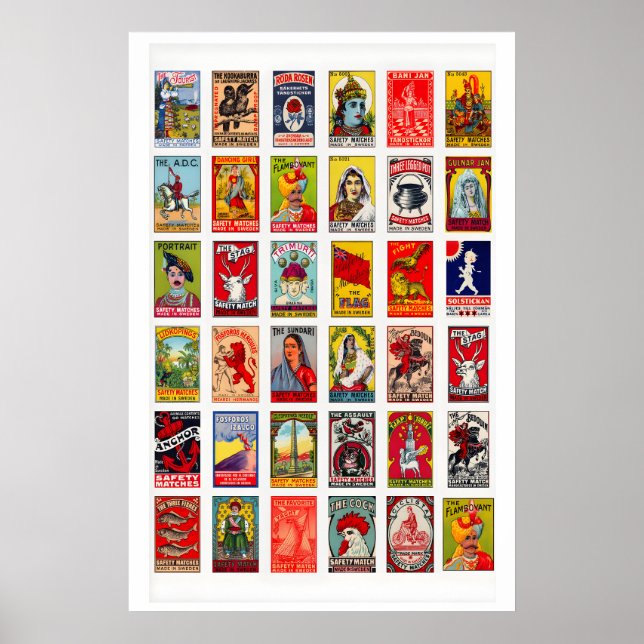 Swedish Matchbox Labels Collage Print, Vintage Poster (Front)