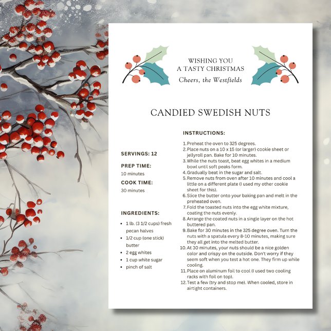Swedish Nuts Recipe Christmas Card (Wishing You a Tasty Christmas Holly and Red Berries Candied Swedish Nuts Recipe Card)