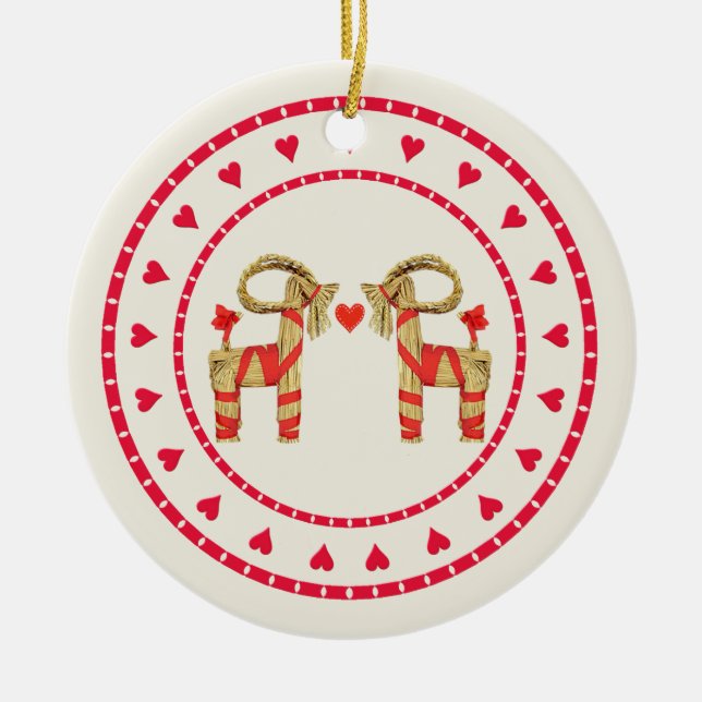 Swedish Straw Goat Julbok Heart Circle Ceramic Tree Decoration (Front)