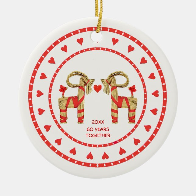 Swedish Straw Goats 60 Years Together Dated Ceramic Tree Decoration (Front)