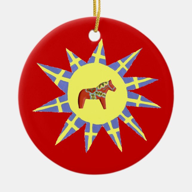 Swedish Sunburst Dala Horses Ornament (Front)